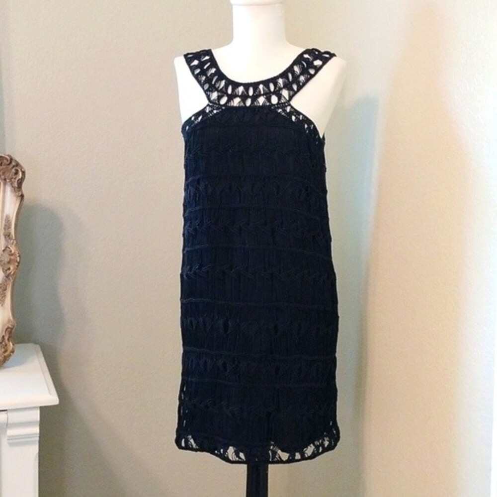 Diane Von Furstenburg Macrame Black Shimmering Mini Dress, Size S.